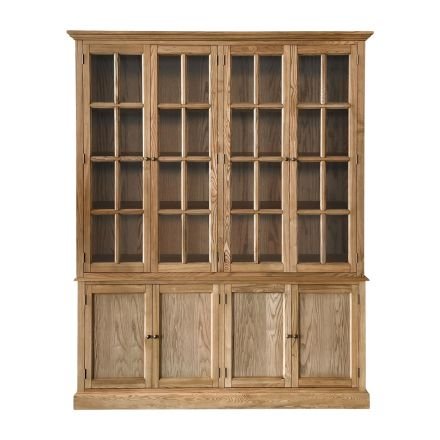 Hamptons 4 Door Hutch Glass Display Cabinet Bookcase and Buffet Cupboard in Natural