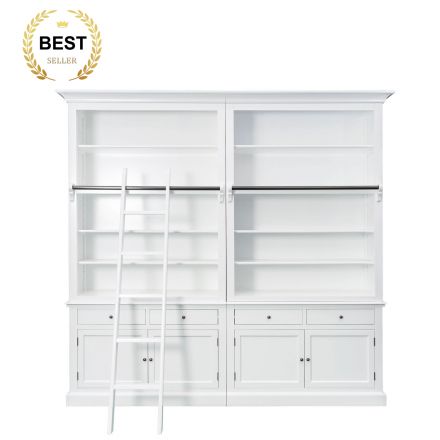 Hamptons Halifax Hutch Open Extendable Bookcase Buffet 250cm - 368cm Wide with Ladder White