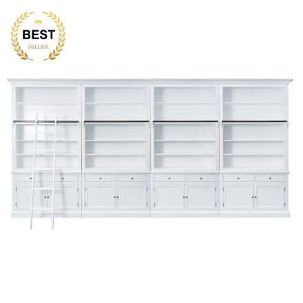 Hamptons Halifax Hutch Open Extendable Bookcase Buffet 486cm - 604cm Wide with Ladder White