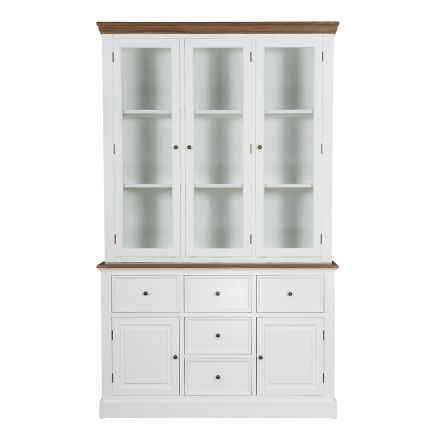 Hamptons Coastal Hutch and Buffet Tempered Glass Display Cabinet with 5 Drawers in WHITE
