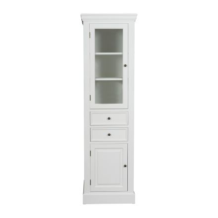 Hamptons Coastal Tall Glass Door Cabinet with 2 Drawers and Cupboard in WHITE