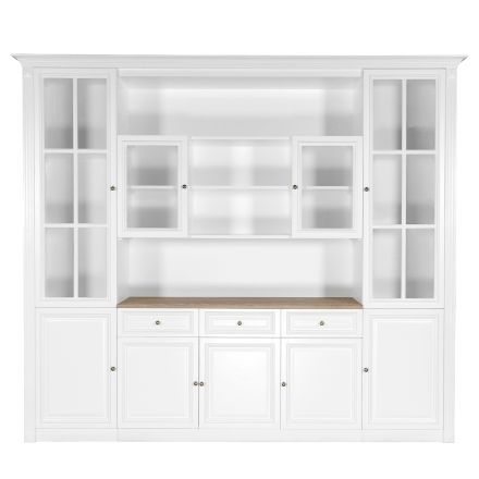 Hamptons Library Wall Unit Modular Buffet and Hutch Glass Cabinet with Cupboard in White with Natural Top
