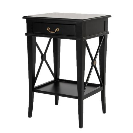 Hamptons Cross Black Bedside Lamp Table with Drawer 