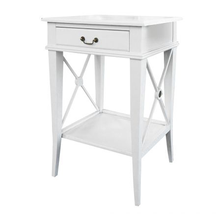 Hamptons Cross White Bedside Lamp Table with Drawer Right Handle