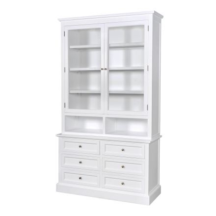 Hamptons 2 Glass Door Kitchen Cabinet with 6 Drawers Cupboard White