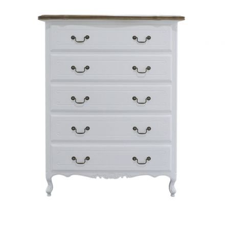 French Provincial Furniture 5 Chest of Drawers Tallboy Cabinet in White with Ash Top