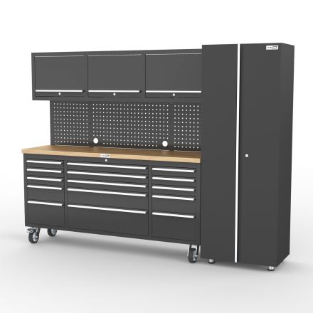 UltraTools Black 72" Mobile Work Bench with 15 Drawers Tool Chest & 3 Overhead Cabinet + 1 Standing Cabinet