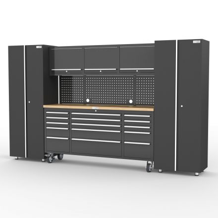 UltraTools Black 72" Mobile Work Bench with 15 Drawers Tool Chest & 3 Overhead Cabinet + 2 Standing Cabinets