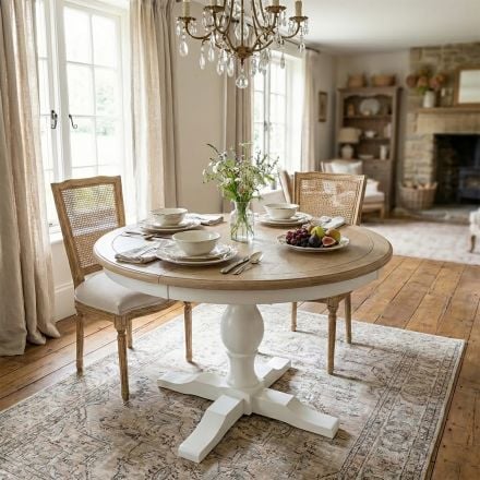 Hamptons French Provincial Extendable Pedestal Round Dining Table in Natural Ash Top & White Pedestal Base 100–150cm