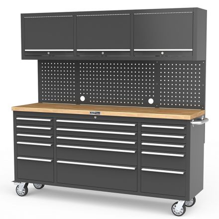UltraTools Black 72" Mobile Work Bench with 15 Drawers Tool Chest & 3 Overhead Cabinet