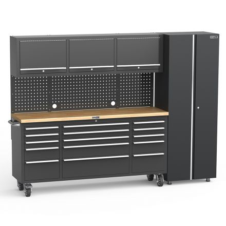 UltraTools Black 72" Mobile Work Bench with 15 Drawers Tool Chest & 3 Overhead Cabinet + 1 Standing Cabinet