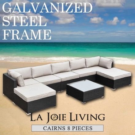 Cairns 7 Seater Outdoor Sofa Modular 8 Piece Set Rattan Furniture Lounge Black