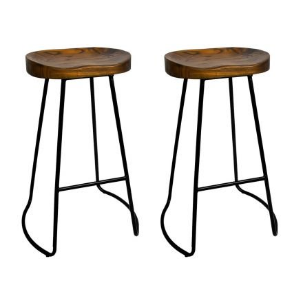 Set Of 2 Steel Barstools With Wooden Seat