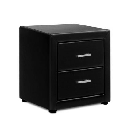 Pu Leather Bedside Table 2 Drawers Black
