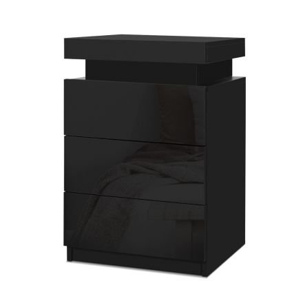 Artiss Bedside Tables Side Table 3 Drawers Rgb Led High Gloss Nightstand Black