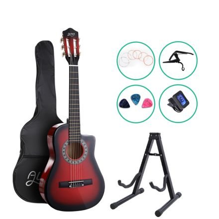 Alpha 34" Inch Guitar Classical Acoustic Cutaway Wooden Ideal Kids Gift Children 1/2 Size Red With Capo Tuner