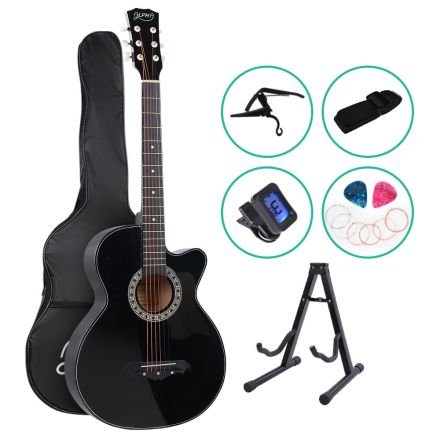 Alpha 38 Inch Wooden Acoustic Guitar With Accessories Set Black