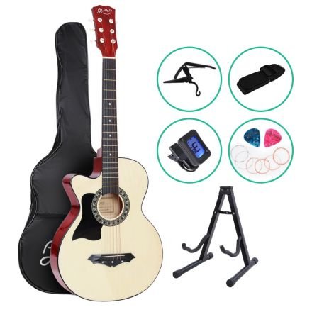 Alpha 38 Inch Wooden Acoustic Guitar Left Handed With Accessories Set Natural Wood