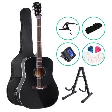 Alpha 41 Inch Wooden Acoustic Guitar With Accessories Set Black