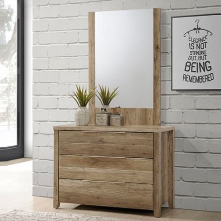 Dresser With 3 Storage Drawers In Natural Wood Like Mdf In Oak Colour With Mirror