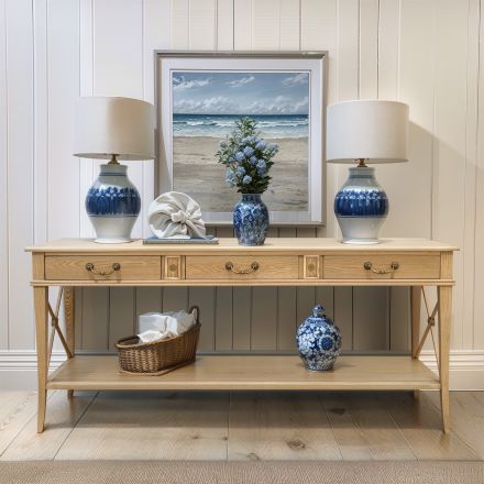 Hamptons Halifax Side Cross 3 Drawers Console Hall Table - Natural Oak
