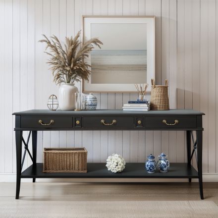 Hamptons Halifax Side Cross 3 Drawers Console Hall Table Black