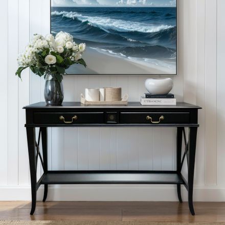 Hamptons Halifax Side Cross 2 Drawer Console Hall Table with Side Pull Out 