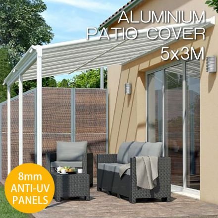 DIY 8mm Anti UV Panels Pergola Kit Outdoor Patio Deck Cover Roof 5 x 3m Verandah Aluminum