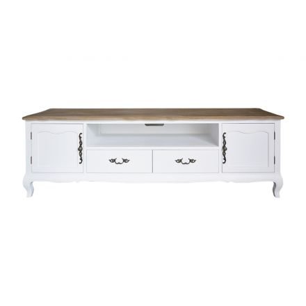 French Provincial Furniture Entertainment Unit TV Stand in White Distress & Natural Oak Top