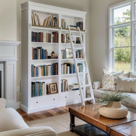 Hamptons Open Library Bookcase with Ladder 170cm Width in WHITE