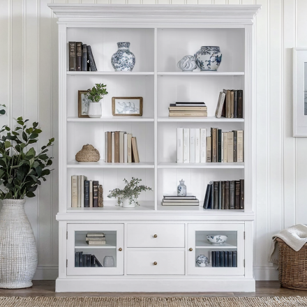Hamptons Versatile Bookcase Cabinet with cupboard and drawers White