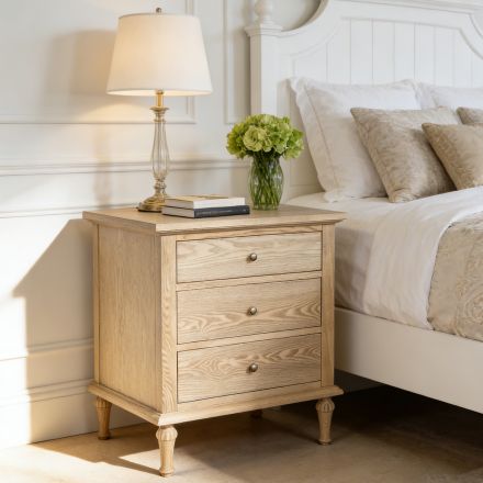 Hamptons Heritage 3-Drawer Bedside Lamp Table – Natural Ash Timber, Classic Turned Legs