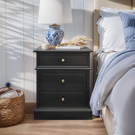 Hamptons Halifax Three Drawers Bedside Lamp Table Nightstand BLACK