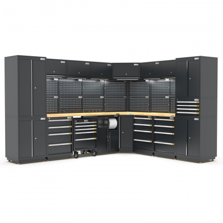 UltraTools 2610/3240mm x 580mm x 2020mm Black Semi-Industrial Workshop Garage Storage Corner Cabinet Set