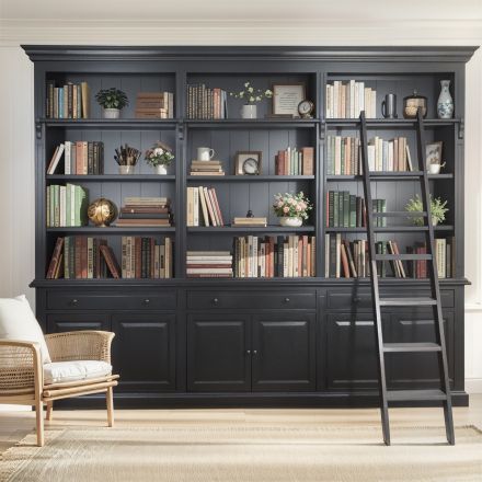 Hamptons Halifax 3 Bay Buffet and Hutch Bookcase with Ladder Black(Pre-order extra $1,000 Early Bird discount!)