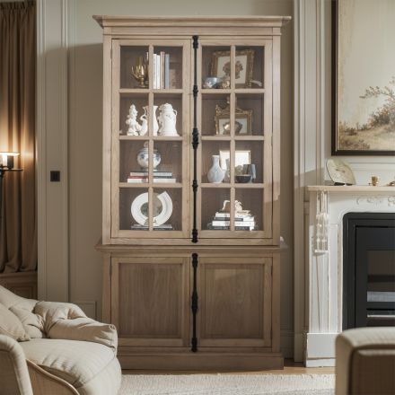 French Provincial Casement Double Glass Door Display Buffet and Hutch Cabinet Bookcase