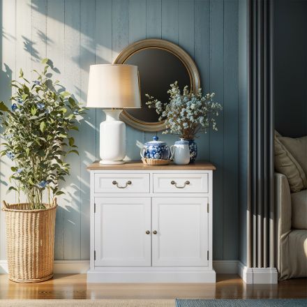 Hamptons 2 Drawers Small Sideboard Buffet in BLACK /White with Natural Top	