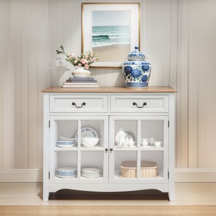 Hamptons 2 Drawers Glass Sideboard Buffet Cabinet in WHITE BLACK with Natural Top