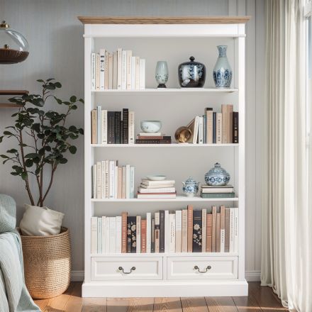Hamptons Open Library Bookcase with 2 Drawers in BLACK or WHITE