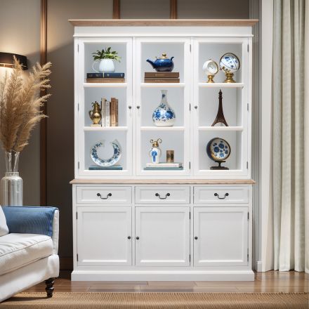 Hamptons Buffet and Hutch Tempered Glass Display Cabinet Bookcase with Drawers in BLACK or WHITE