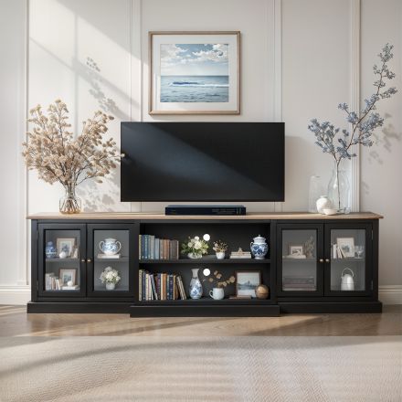 Hamptons 4 Glass Door TV Unit Entertainment Stand in BLACK/WHITE with Natural Top													