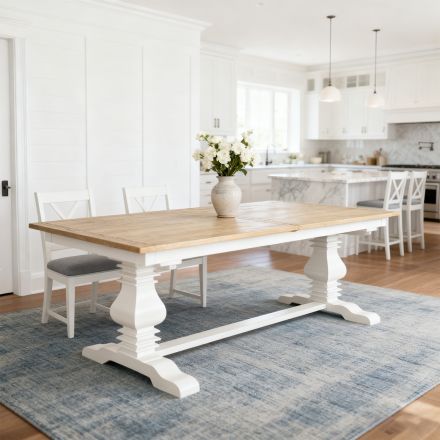 Hamptons 220cm - 320cm Rectangle Extendable Dining Table -  White Trestle Leg Ash Top