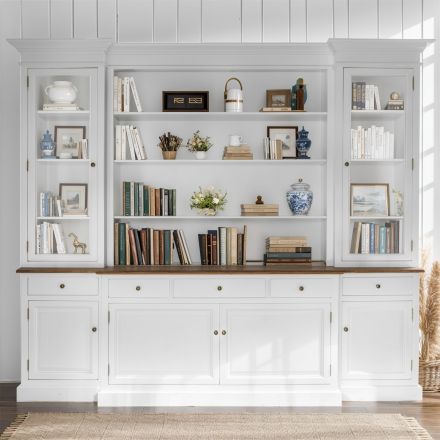 Hamptons Buffet Sideboard Glass Hutch Open Bookcase White Black