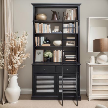 Hamptons Single Hutch Open Bookcase Louvre Buffet Cabinet with Ladder in BLACK or WHITE
