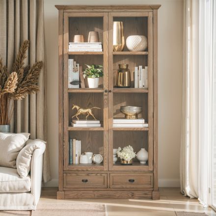 Hamptons Glass Display Cabinet Bookcase with Drawer in Natural