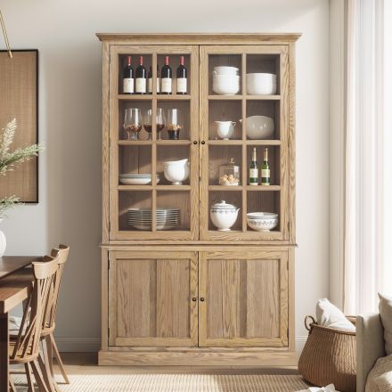 Hamptons Hutch Glass Display Cabinet Bookcase and Buffet Cupboard in Natural/Black/White