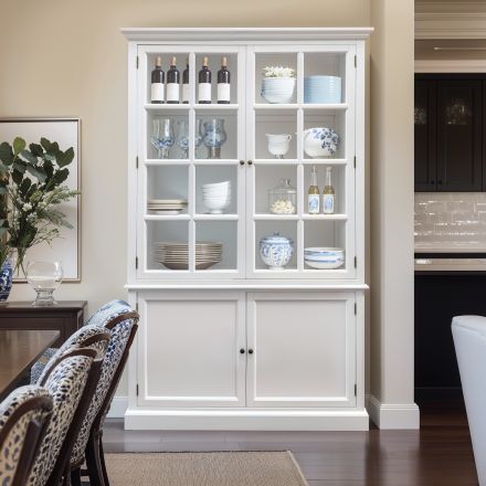 Hamptons Hutch Glass Display Cabinet Bookcase and Buffet Cupboard in Natural/Black/White