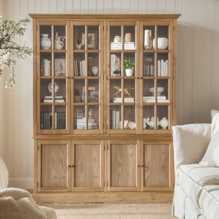 Hamptons 4 Door Hutch Glass Display Cabinet Bookcase and Buffet Cupboard in Natural Oak (Pre-order extra $1,000 Early Bird discount!)