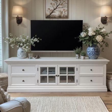 Hamptons Halifax White / Black TV Unit Entertainment With Drawers