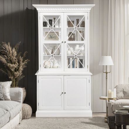 Hamptons Halifax Criss Cross Glass Door Display Hutch and Buffet Cabinet Bookcase in Black White